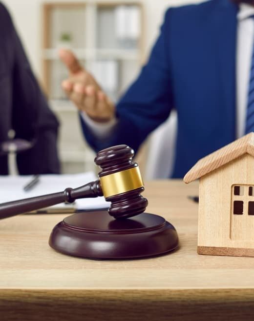 A lawyer and client negotiate a house mortgage agreement in an office setting, with a model home and legal documents.